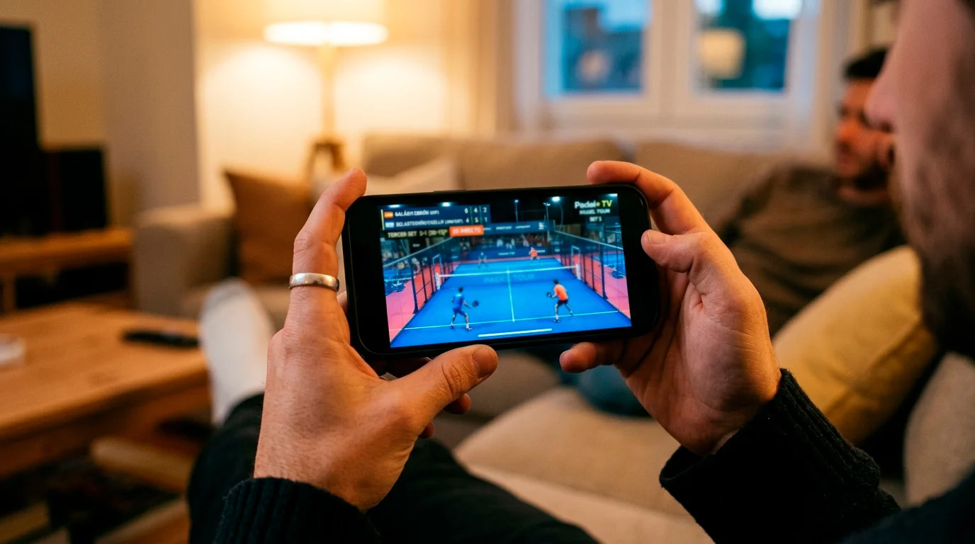 Persona siguiendo un partido de pádel en directo desde el móvil para apostar en vivo