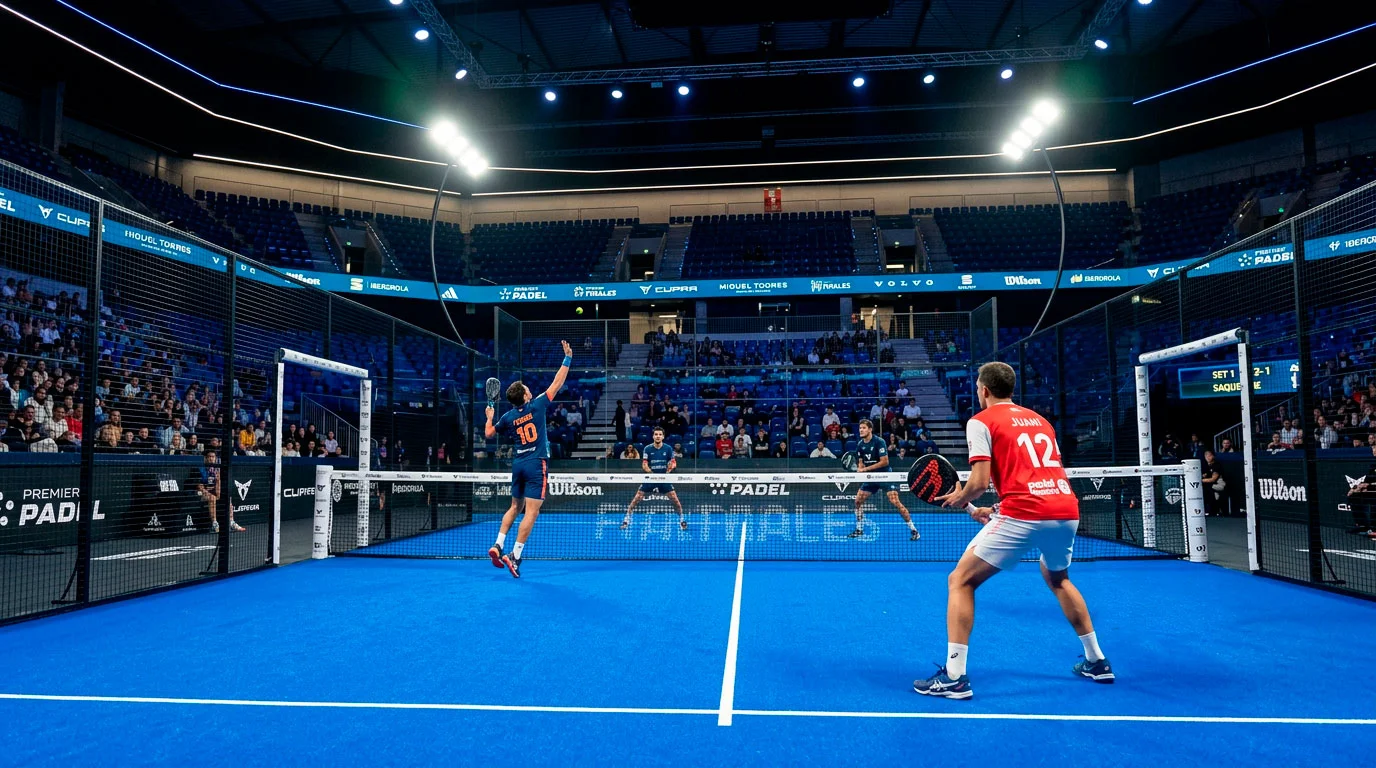 Partido profesional de pádel en pista indoor durante un torneo Premier Padel